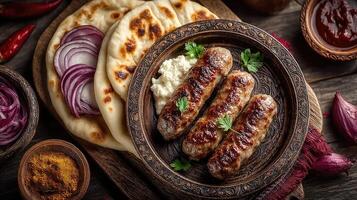 Turkish sausages on a wooden plate with pita bread and onions photo