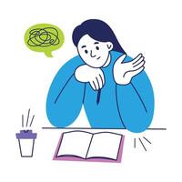Cartoon illustration of confused girl with open notebook, tangled thought bubble. Exam anxiety, creative block, student stress, blank page fear, learning difficulty, education and mental load vector
