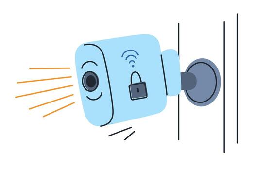 Flat cartoon illustration of smart security camera on house wall with Wi Fi control. Home surveillance device, wireless monitoring, automation system, safety, digital protection visuals icon vector