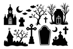 Spooky Halloween Graveyard Silhouettes Church, Tombstones, Crosses, and Creepy Trees under a Crescent Moon - Professional digital artwork with vibrant colors and detailed composition vector