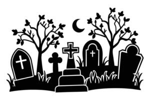 Eerie Nighttime Cemetery Scene Silhouette of Gravestones, Crosses, and Leafless Trees Under a Crescent Moon, Halloween Illustration vector