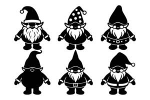Six Charming Black Silhouette Gnomes Standing Cheerfully, Festive Christmas Gnomes Set Against a White Background vector