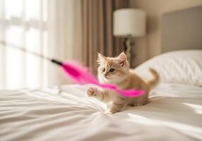 Kitten Playing with Feather Toy on White Bed photo