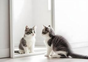 Kitten Looking at Its Reflection in a Mirror photo