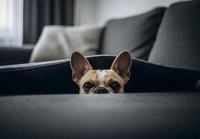 French Bulldog Eyes Peeking Out from Under Sofa photo