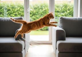 Orange Cat Mid-Jump Between Sofas photo
