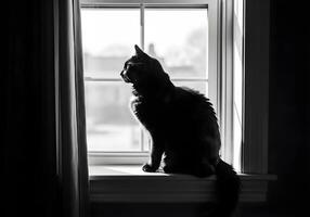 Monochrome Cat on Windowsill in Vintage Style photo