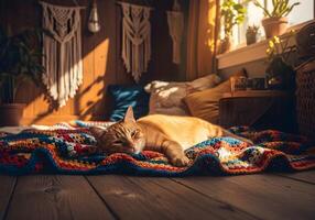 Cat Resting on Colorful Crochet Blanket photo