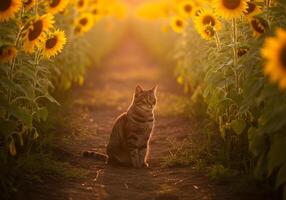Tabby Cat in a Sunflower Field at Golden Hour photo