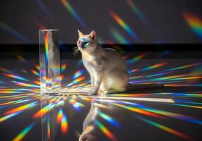 White Cat with Rainbow Reflection on Glossy Floor photo