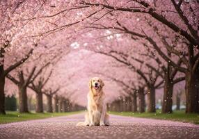 Golden Retriever Under Cherry Blossoms in Spring photo