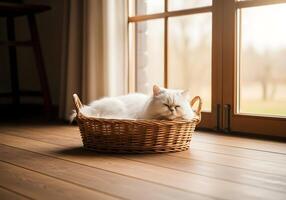 Fluffy Cat Napping in a Basket by the Window photo