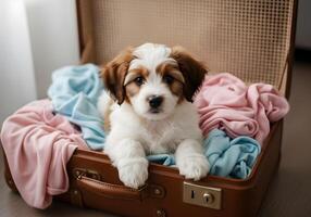 Puppy Resting Inside an Open Suitcase with Clothes photo