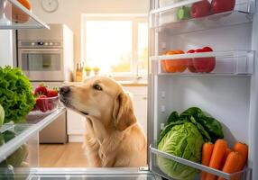 Dog Looking into Open Fridge Full of Food photo