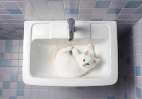 Fluffy Kitten Lying in a Bathroom Sink photo