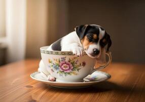 Tiny Puppy Curled Up in a Teacup on Wooden Table photo