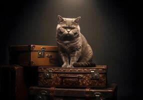 Grumpy British Shorthair Cat on Vintage Suitcases photo