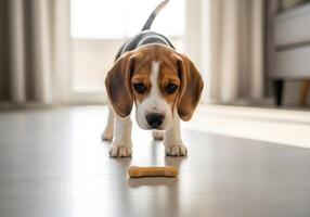 Curious Puppy Looking at Dog Biscuit Indoors photo