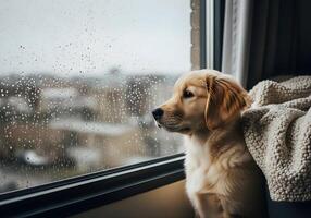 Puppy Gazing Out Rainy Window with Blanket Nearby photo