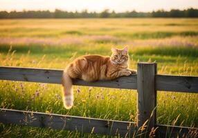 Ginger Cat Resting on Wooden Fence in Countryside photo