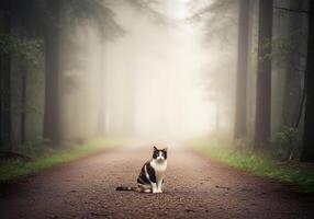 Calico Cat Sitting on Forest Path in Fog photo