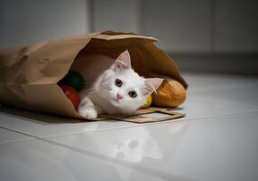 White Kitten Inside Paper Grocery Bag photo