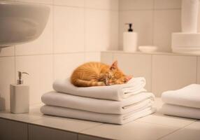 Orange Kitten Sleeping on Folded Towels photo