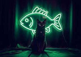 Cat in Front of Neon Fish Sign at Night photo