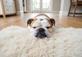 Sleepy Bulldog Lying on a Fluffy Rug Indoors photo