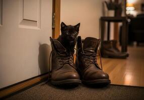 Kitten Sitting Inside Large Boots by the Door photo