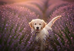 Cute Puppy in Lavender Field During Golden Hour photo