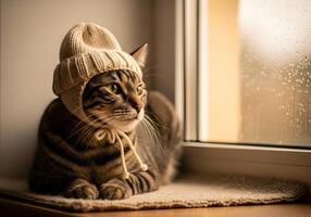 Cat in Beanie Looking Out Rainy Window photo