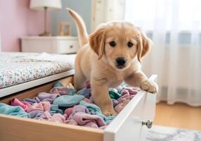 Puppy Climbing into Drawer Full of Socks photo