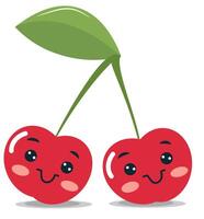 Two cherries with faces and leaves on a white background vector
