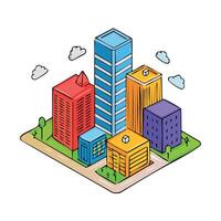 Isometric illustration of a colorful city skyline featuring various buildings, trees, roads, and clouds on a white background. vector