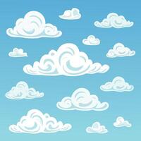 Cartoon clouds in various shapes and sizes against a gradient blue sky vector