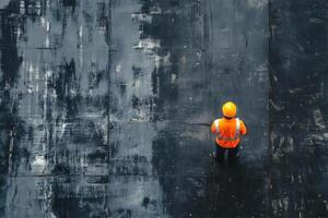 Worker Stands on Construction Site, Examining Progress with Safety Gear. Industrial Scene. photo