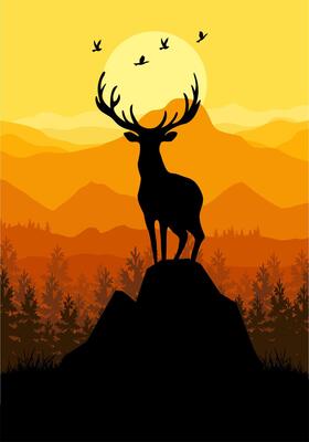 deer silhouette against a sunset mountain landscape