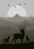 deer family silhouette in mountain landscape vector