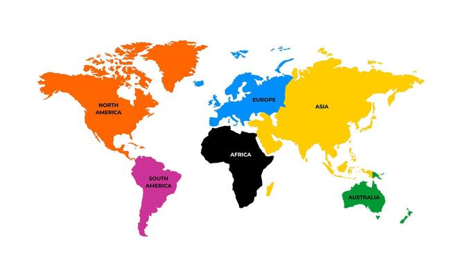 flat colorful world map with labeled continents