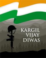 Kargil Vijay Diwas poster with Indian flag and soldier memorial cross illustration vector