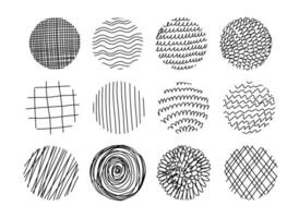 Big Set of round Abstract black Backgrounds or Patterns. Hand drawn doodle spots, drops, curves and lines. Modern trendy illustration. vector