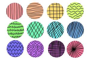 Set of round Abstract colorful Patterns. Hand drawn doodle spots, drops, curves and lines. Modern trendy illustration. vector