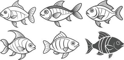 Fish Silhouette Illustration Line Art Bundle Set for Coloring Page vector
