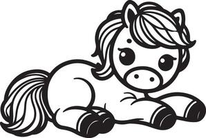 A cartoon horse laying down coloring page vector