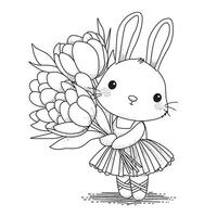 Cute bunny stands with a huge bouquet of flowers. Coloring page for children and adults. Illustration for coloring. vector