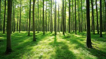 Sunlight Filters Through Trees in Lush Green Forest with Spring Vibes photo