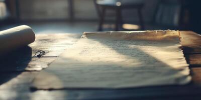 An old piece of paper and a roll of paper on a table photo