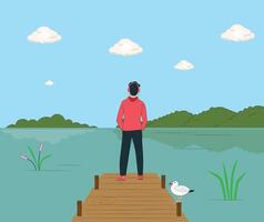 Young Boy Relaxing Alone In A Serene Lake vector