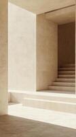 An empty room with steps leading to a white wall photo